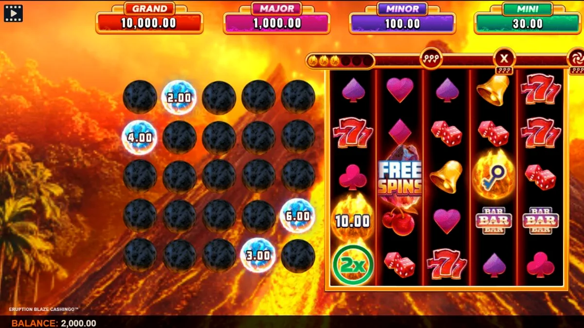 Tampilan visual slot Eruption Blaze Cashingo dengan tema gunung berapi dan grid bingo